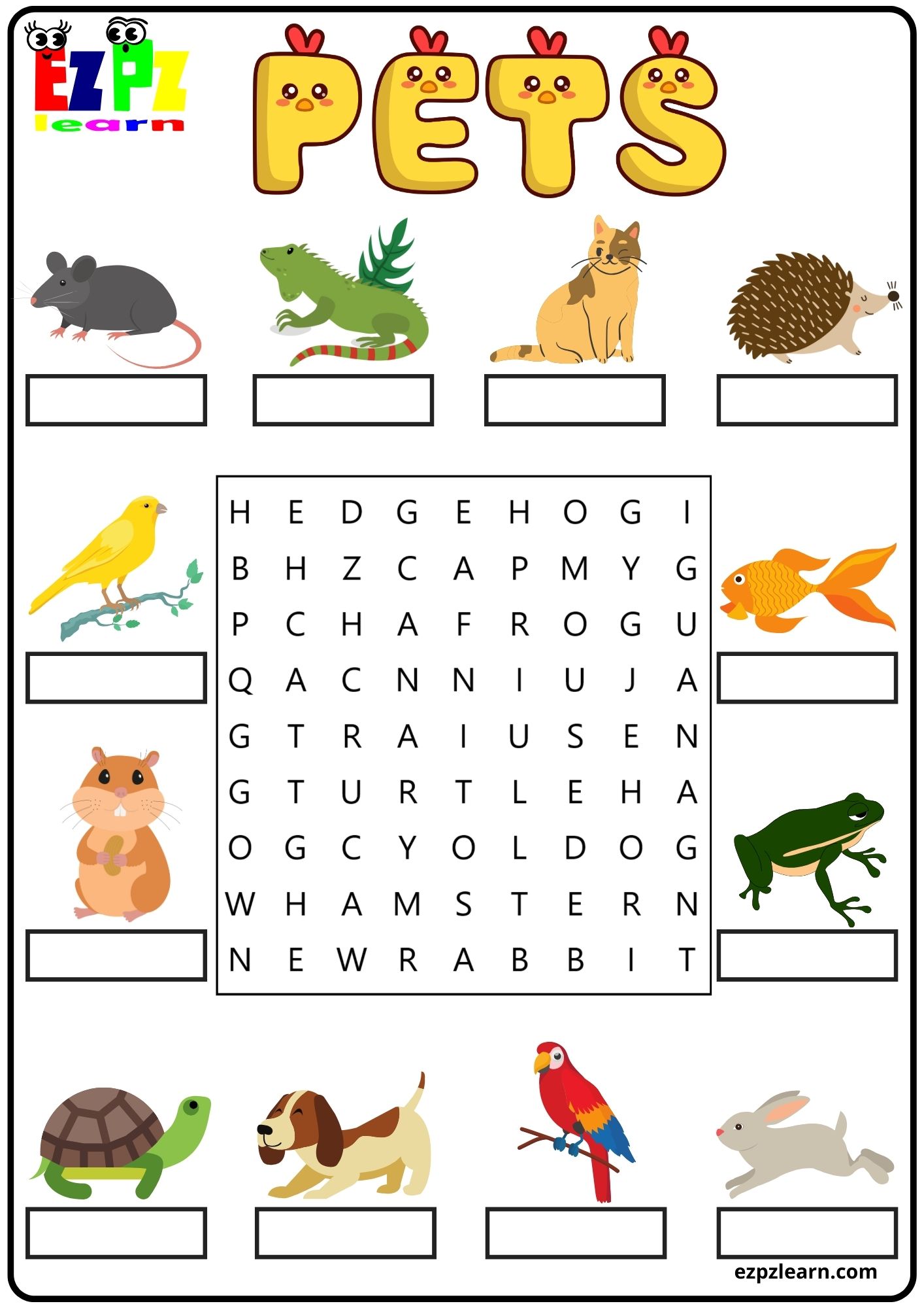 Pets and Animals Vocabulary Word Search and Write the Words Activity